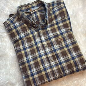 Carhartt Brown Blue Plaid Button Down Shirt Sz XL